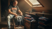 Collector organizing vintage heavy metal shirts