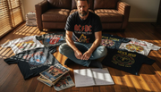 Collector arranging vintage band t-shirts collection