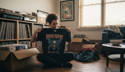 Collector examining vintage band t-shirt at home