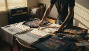 Sorting vintage heavy metal tour shirts at home