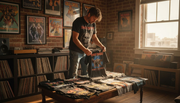 Collector sorting vintage heavy metal shirts in loft