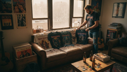 Collector arranging vintage band t-shirts in apartment
