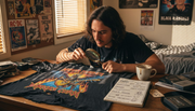 Collector inspecting authentic vintage heavy metal shirt