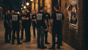 Metal fans outside venue in tour shirts