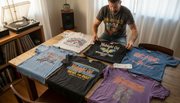 Collector arranging vintage band t-shirts on table