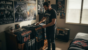 Collector sorting vintage heavy metal t-shirts