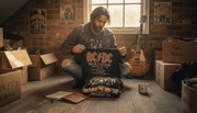 Collector sorting vintage metal band shirts in attic