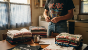 Collector inspecting vintage shirts in kitchen