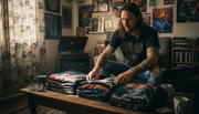 Collector sorting vintage heavy metal shirts