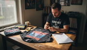 Collector inspecting vintage heavy metal t-shirt