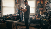 Collector sorting 1990s heavy metal shirts