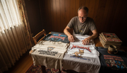 Collector inspecting 1990s heavy metal t-shirts