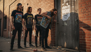 Fans in vintage thrash metal shirts outside venue