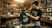 Man checking vintage band shirt in record shop