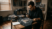 Collector inspecting vintage 90s metal tour shirt