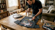 Collector inspects rare band t-shirt on table
