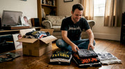 Man sorts through vintage band tour t-shirts