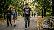 Metal band t-shirt worn by young man outdoors