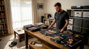 Collector sorting vintage heavy metal t-shirts