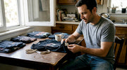 Person inspecting copyright tag on band shirt