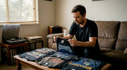 Collector sorting vintage metal t-shirts