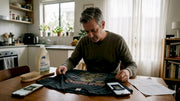 Man inspecting vintage heavy metal t-shirt print