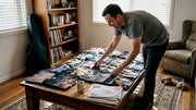 Man sorting heavy metal shirts at home