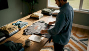 Collector examining vintage tour shirts on table