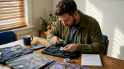 Collector inspecting vintage metal shirt at home