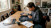 Collector examining vintage band shirt at home