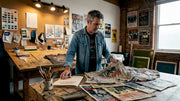 Designer reviewing vintage band merchandise history