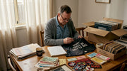 Collector sorts band memorabilia at home table