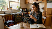 Woman examining vintage tour shirts at kitchen table