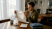 Collector inspects vintage shirt at home