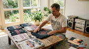 Collector arranging vintage 90s band shirts