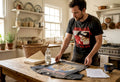 Man preparing vintage shirt cleaning supplies