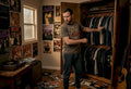 Man browsing vintage metal t-shirts in closet