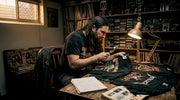 Collector examining vintage promo tees at home