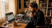 Collector examining vintage metal t-shirt at dining table