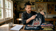 Man sorting vintage metal shirts at home