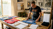 Collector preparing vintage shirts for display