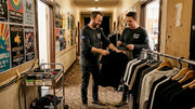 Stage crew sorting tour shirts backstage
