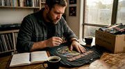 Collector examining vintage band shirt at home