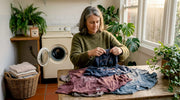Hands sorting old cotton t-shirts for laundry