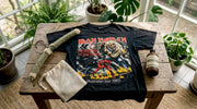 Vintage band shirt with preservation tools on table
