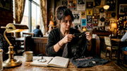Collector examining vintage band shirt details
