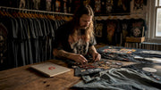 Collector examining vintage heavy metal t-shirts