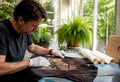 Man inspecting vintage metal tour shirt