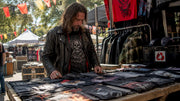 Man examining vintage heavy metal shirts