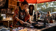 Band merch manager arranging merch table